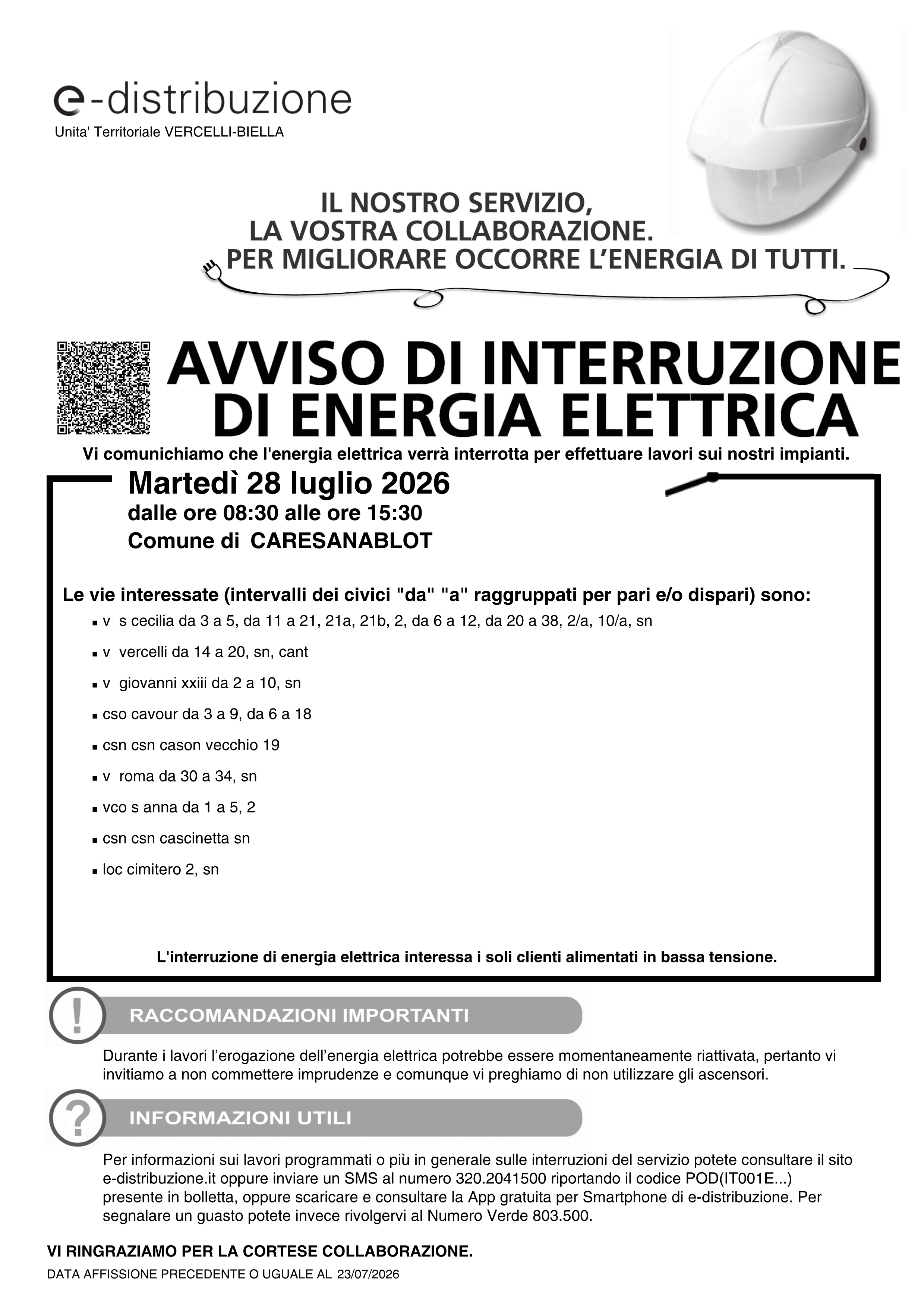 Avviso di interruzione Energia Elettrica